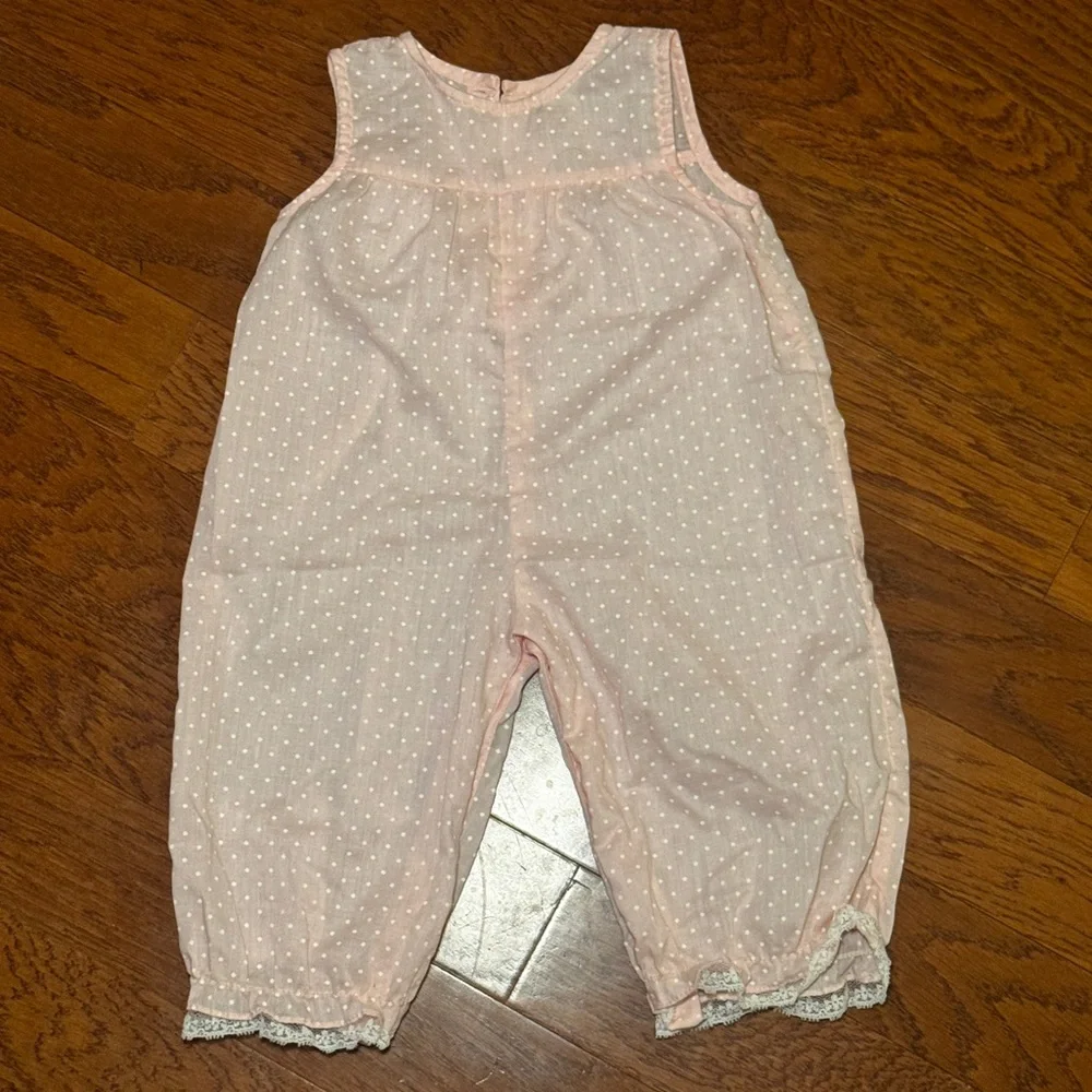 Vintage 1980s Nanette Baby Girl Pink Polka Dot Romper Size Up to 6 Months